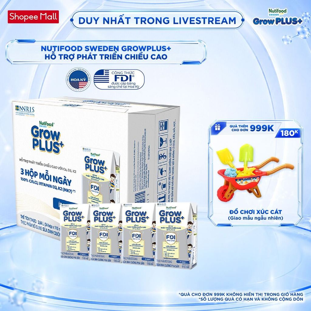 Thùng 24 hộp Sữa Bột Pha Sẵn Nutifood Sweden GrowPLUS+ Cao lớn vượt trội hộp 110 ml