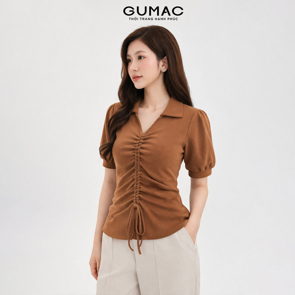 Áo Thun Nữ Cổ Tim GUMAC Kiểu Rút Nhún Giữa Chất Thun Co Giãn Thoáng Mát LATE0810