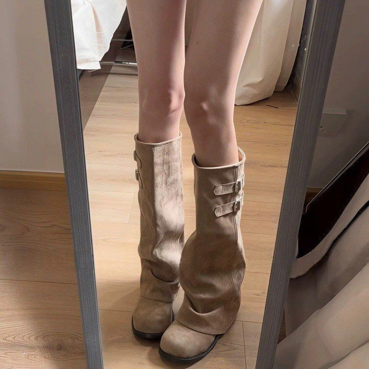 Merad Frosted Da Lộn Đôi Khóa Xếp Ly Giày Bốt Nữ Flat Retro Mỏng Hơn Nhìn Rộng Chân Tây Quần Rider Boots