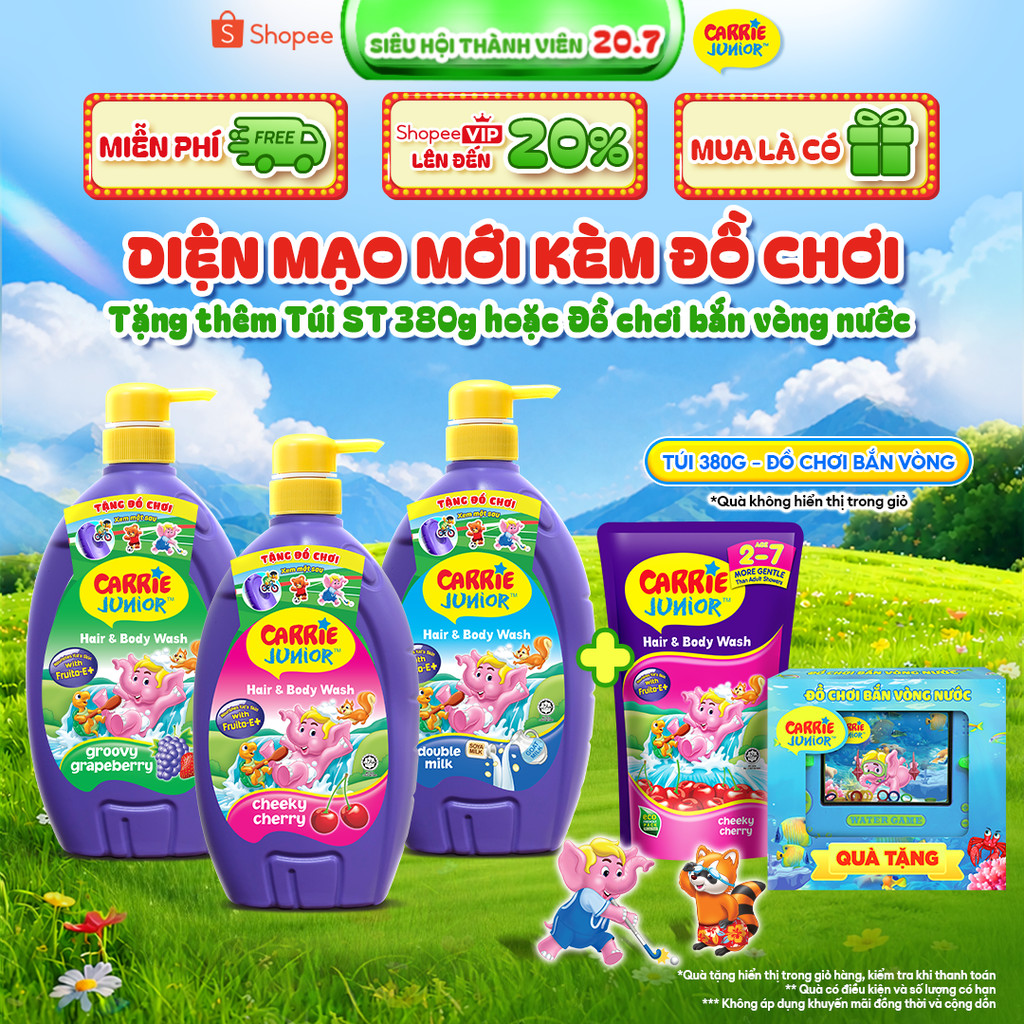 [MỚI-Tặng đồ chơi bắn vòng nước] Sữa Tắm Gội thành phần thiên nhiên Sạch Dịu Nhẹ & ẩm mịn Cho Bé Carrie Junior 700g