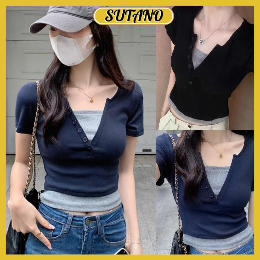 [LOẠI 1] Áo thun tay ngắn cổ chữ V phối màu dáng babytee tiểu thư sang chảnh chất cotton mịn dày A7 SUTANO | BigBuy360 - bigbuy360.vn