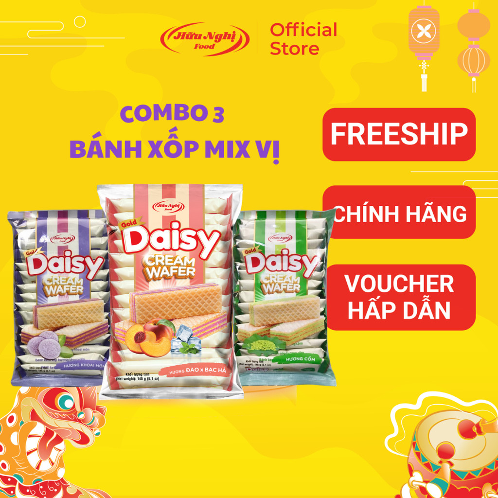 Combo 3 bánh xốp vị cốm, khoai môn, đào bạc hà Gold Daisy 145g