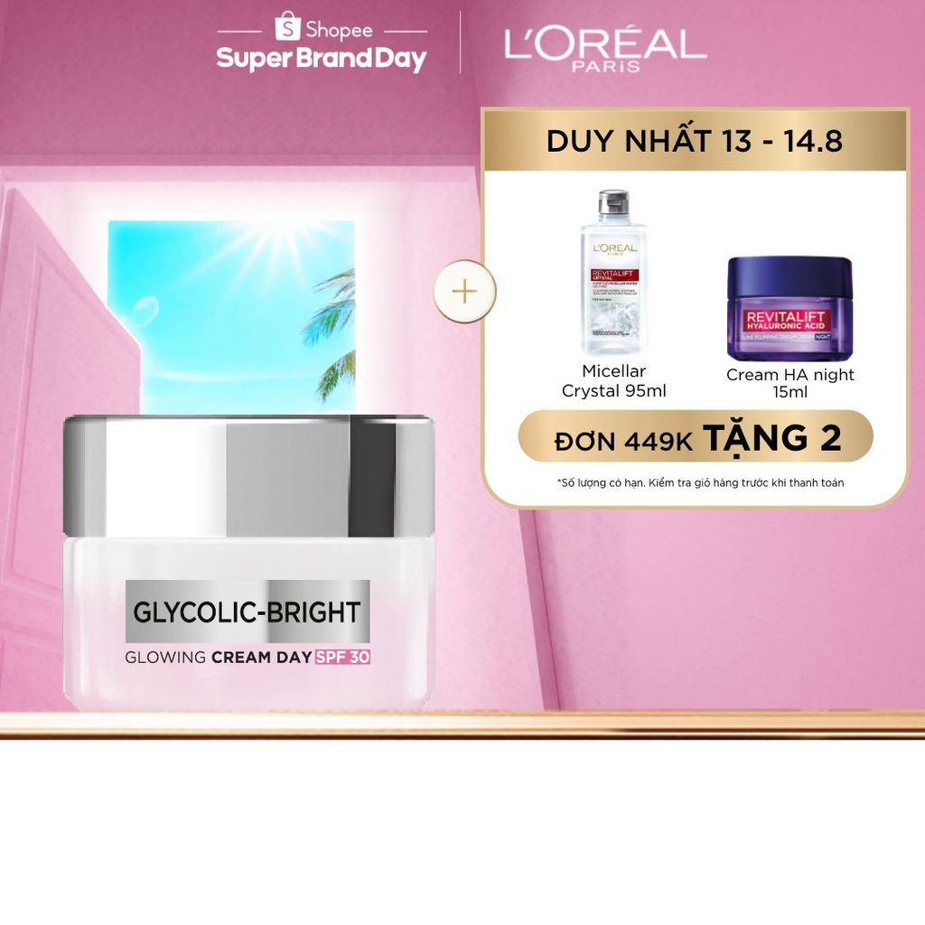 Kem dưỡng ban ngày dưỡng sáng mịn & mờ thâm nám L'Oreal Paris Glycolic (AHA) Bright [Glycolic + Niacinamide] SPF 30 50ml