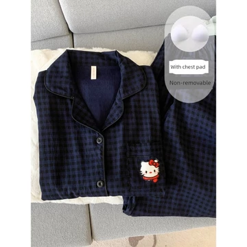 set đồ ngủ dài set thu đông nữ Đồ ngủ mèo con có đệm ngực đồ mặc nhà thiếu nữ đáng yêu dài tay sợi bông tinh khiết đám mây mùa xuân và mùa hè cho nữ