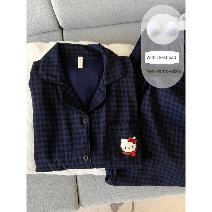set đồ ngủ dài set thu đông nữ Đồ ngủ mèo con có đệm ngực đồ mặc nhà thiếu nữ đáng yêu dài tay sợi bông tinh khiết đám mây mùa xuân và mùa hè cho nữ