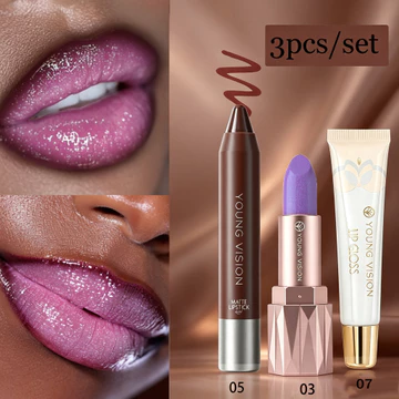 Bộ trang điểm môi lấp lánh 3 lớp, bao gồm dầu môi trong suốt + Son môi lấp lánh + Son lót môi, Son bóng dưỡng ẩm lâu trôi mượt mà