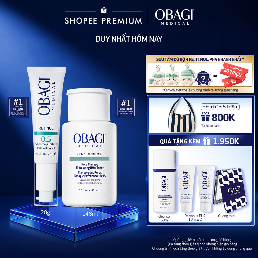 Bộ đôi dưỡng da Dung dịch Obagi Clenziderm M.D BHA Toner 148ml và Kem Dưỡng Đêm Obagi Retinol 0.5 (28g)