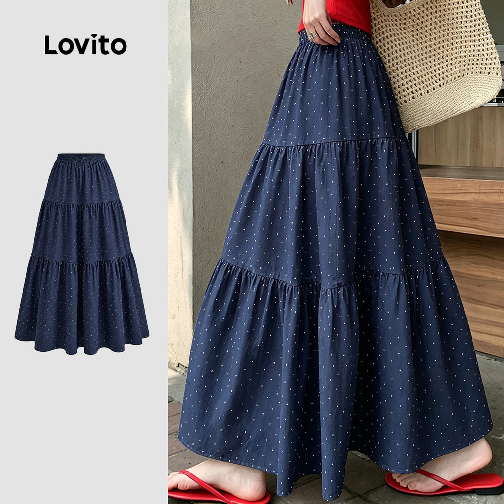 Lovito Chân váy nữ xanh dương đậm thời trang xuân hè phong cách thường ngày SKK8TD277