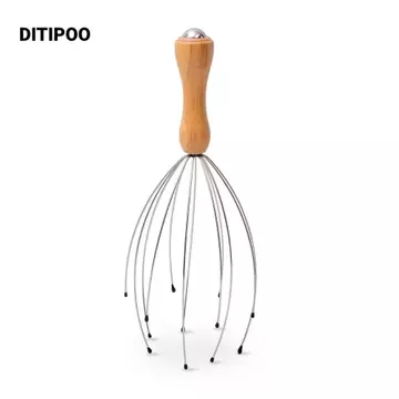 Máy mát xa đầu DITIPOO, Đầu tròn Máy mát xa da đầu dây kim loại linh hoạt, Tám khung móng vuốt Tay cầm bằng gỗ Đầu mịn Massage móng vuốt Kinh tuyến Massage