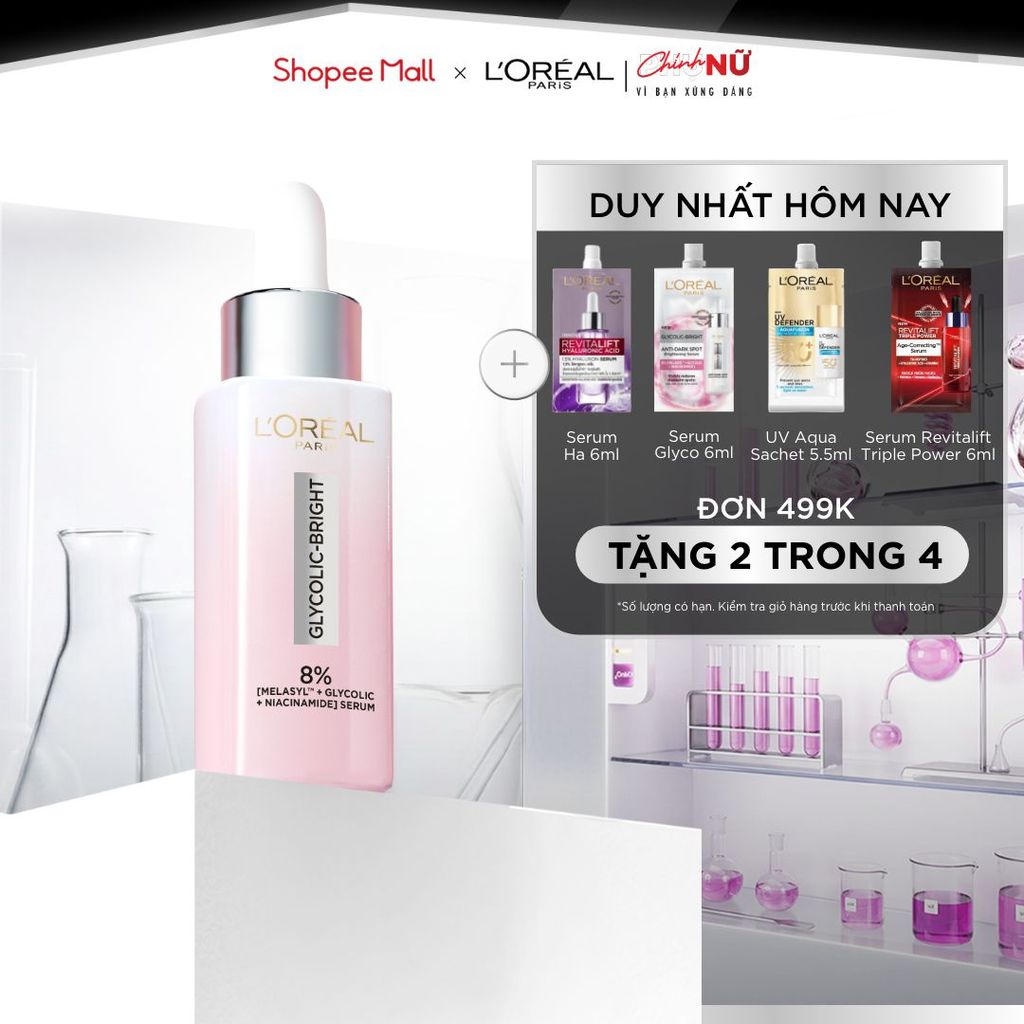 Serum Glycolic Melasyl 8% [Melasyl+Glycolic+Niacinamide] dưỡng sáng da, mờ thâm mụn & nám Loreal Paris 30ml