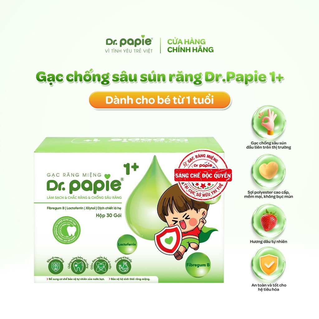 Gạc Vệ Sinh Chống Sâu Sún Răng Ưu Việt Làm Sạch Răng Miệng An Toàn Dr.Papie 1+ Dành Cho Bé Trên 1 Tuổi (30 gói/hộp)