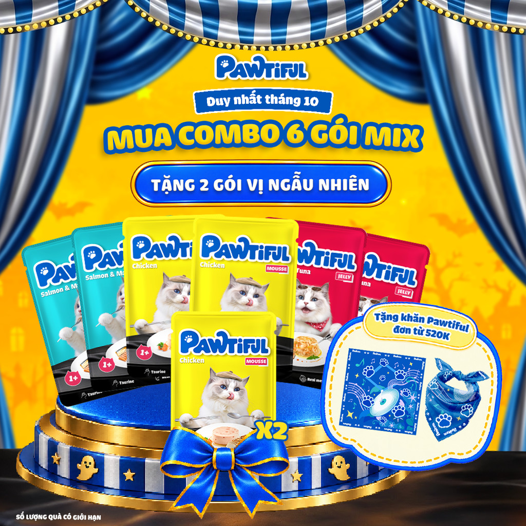 [MUA 6 TẶNG 2] Combo 6 gói Pate Pawtiful cho mèo mix 3 vị Gà & Cá ngừ & Cá thu 70g x6