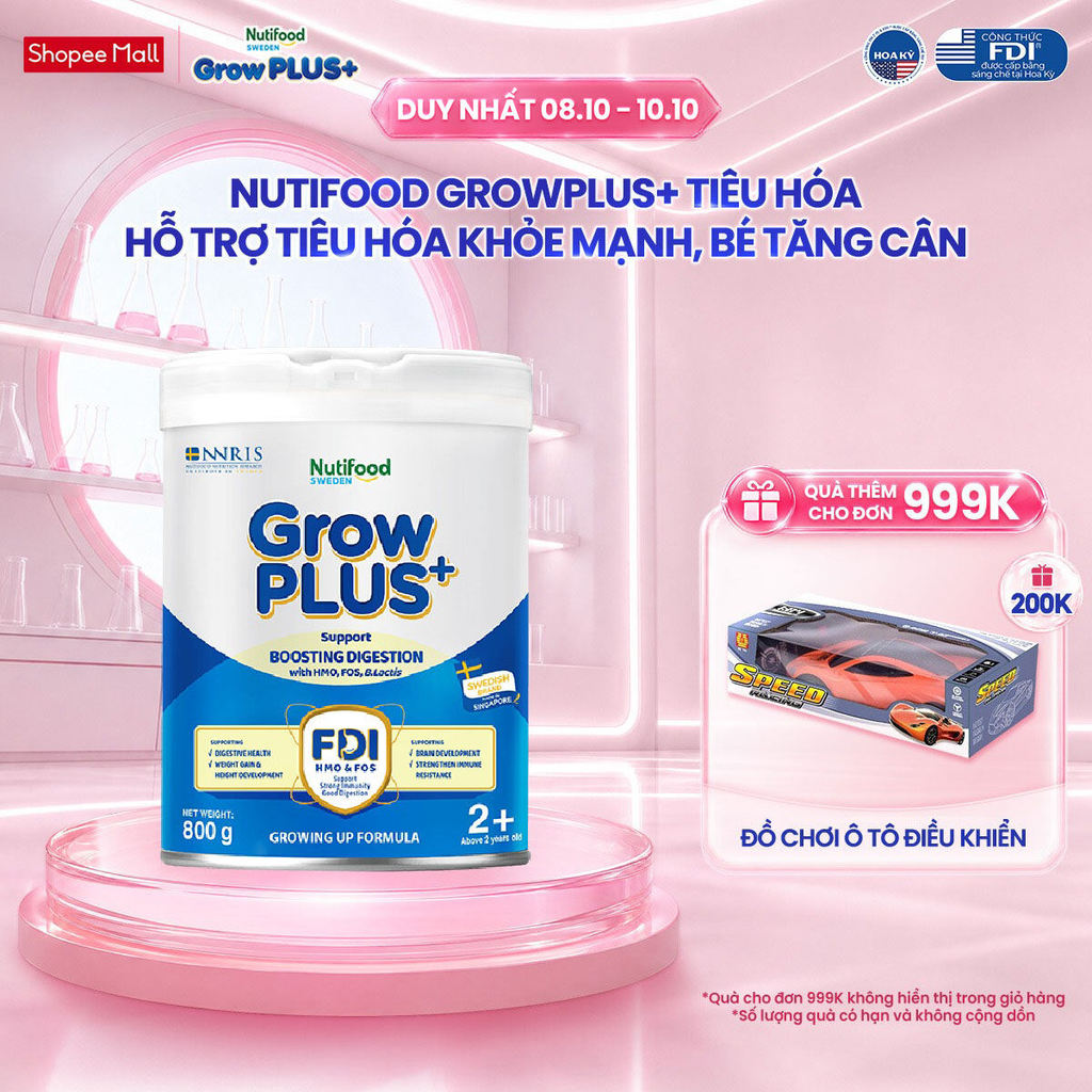 Sữa bột Nutifood Sweden GrowPLUS+ Tiêu Hóa (Xanh Nhạt) 2+ - Tiêu hóa khỏe, tăng cân (Lon 800g)