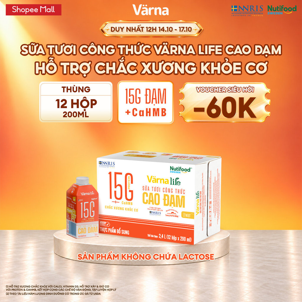 Thùng 12 hộp Varna Life sữa tươi công thức cao đạm 15G (12 hộp giấy x 200ml)