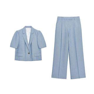 áo khoác Zara made in Morocco blazer lửng xanh lam nhạt ngắn tay cổ ve 1 khuy và quần âu cùng bộ