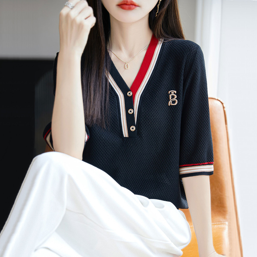 Mùa Hè Tencel Ngắn Tay Áo Sơ Mi Nữ Màu Sắc Phù Hợp Với Thêu Thời Trang Cổ Chữ V Băng Lụa Mồ Hôi