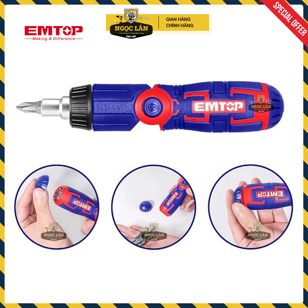 [Chính hãng] Bộ tua vít 15 trong 1 EMTOP, tay vặn xoay chiều, 14 đầu vít thép CRV cao cấp