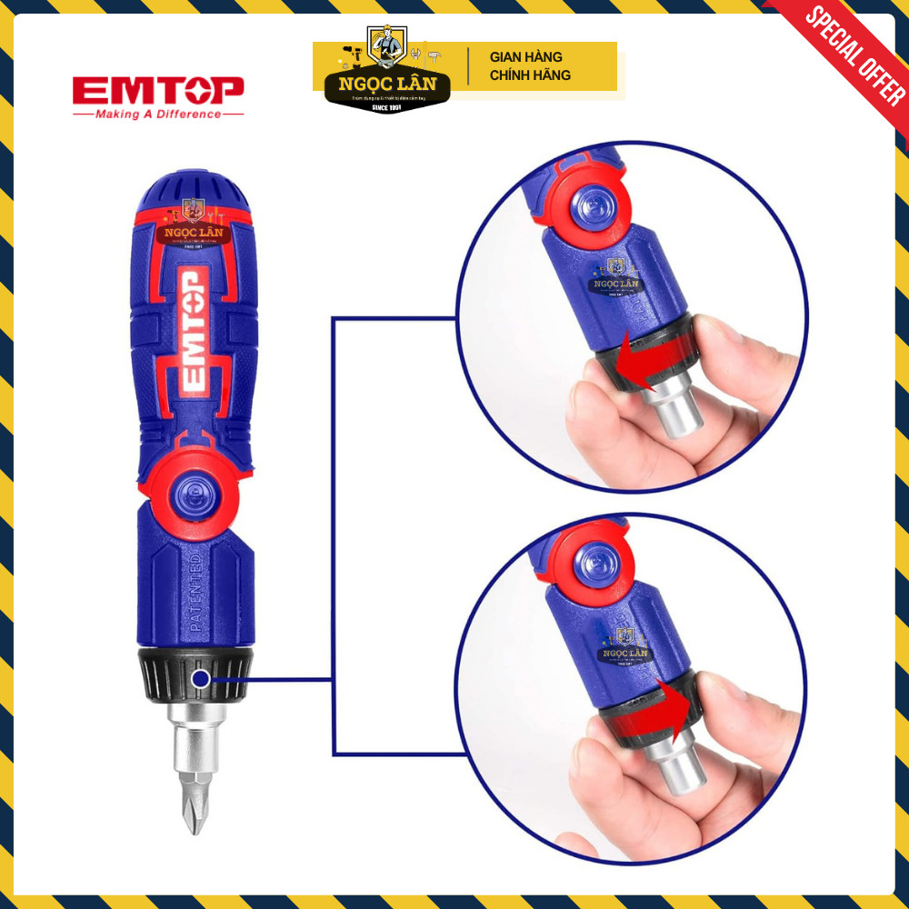 [Chính hãng] Bộ tua vít 15 trong 1 EMTOP, tay vặn xoay chiều, 14 đầu vít thép CRV cao cấp