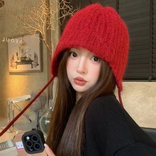 Mũ bịt tai dệt kim màu trơn, bảo vệ tai và giữ ấm cho mùa đông với dây buộc tiện lợi