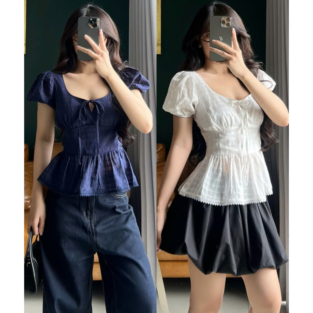 Áo Babydoll Thắt Eo, Smock Lưng Ôm Dáng Cực Xinh Màu Xanh Kiểu Cổ Vuông Hàn Quốc_A649