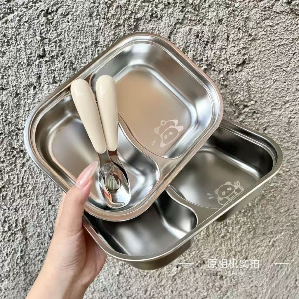 Khay Ăn Dặm Inox 304 2 Ngăn Cho Bé Kèm Thìa Hình Thú Dễ Thương Cách Nhiệt Giữ Ấm An Toàn Cho Trẻ