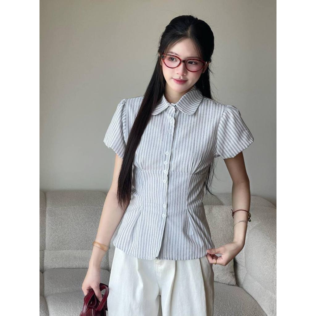 Áo Sơ Mi Kẻ Tay Bồng. Ao Sơ Mi Nữ Cộc Tay Buộc Eo Sau_A532