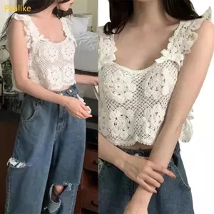Pealike Thường Ngày Nhưng Thanh Lịch Ren Trắng Móc Camisole Không Tay Crop Rỗng Ra Áo Cotton Cho Nữ