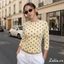 Áo crop top nữ 3 / 4 tay cổ tròn cổ điển in chấm cổ điển Áo thun mỏng vừa vặn