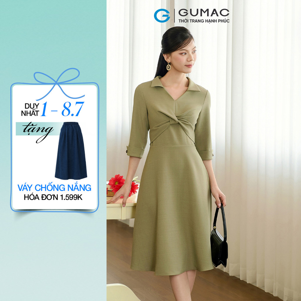 Đầm nữ GUMAC form A xòe xoắn ngực lá cổ sơ mi  DF11009 - DF10052