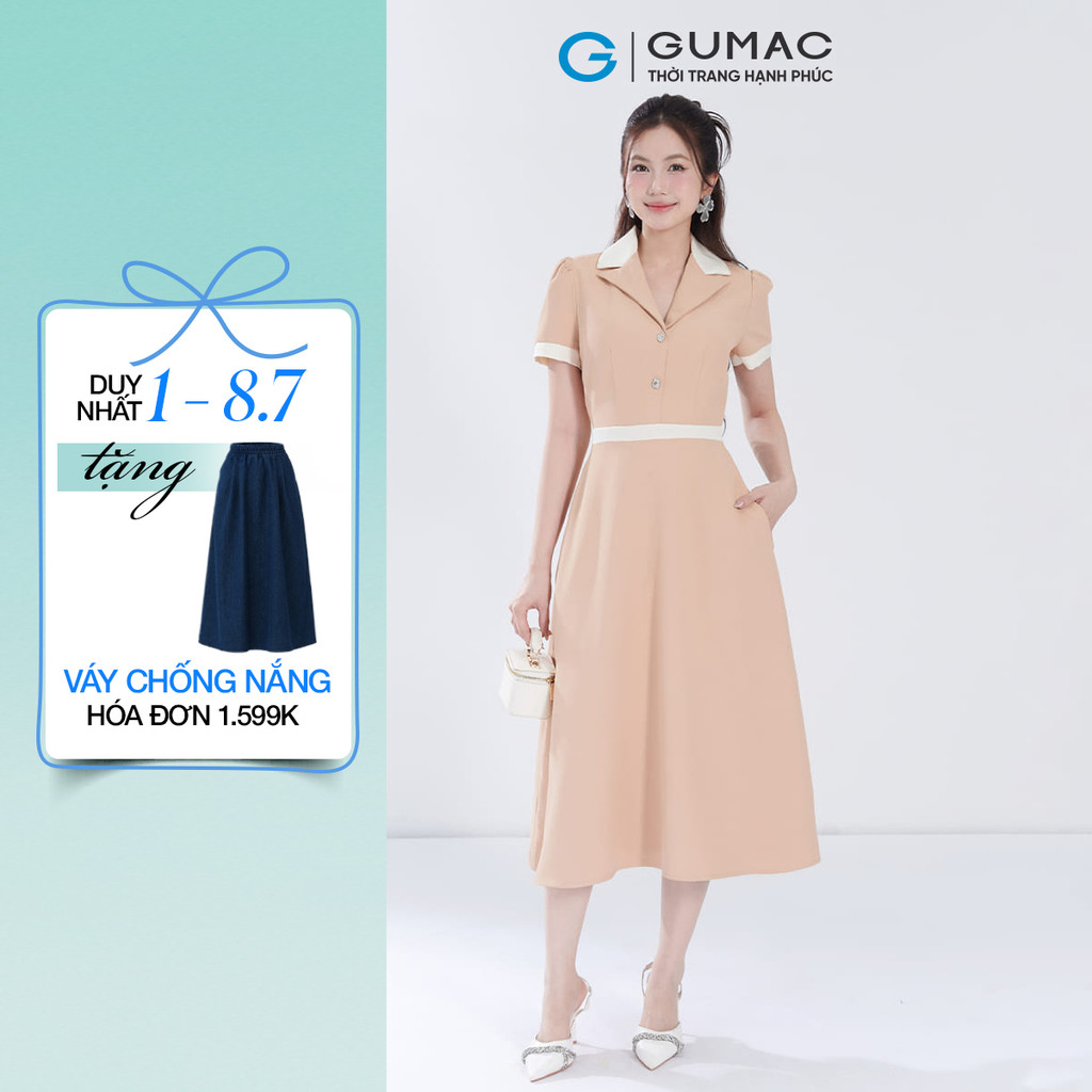 Đầm Nữ GUMAC Form A Cổ Danton Phối Viền Trắng Thanh Lịch Chất Cotton Xẹc Mềm Mát DF06012