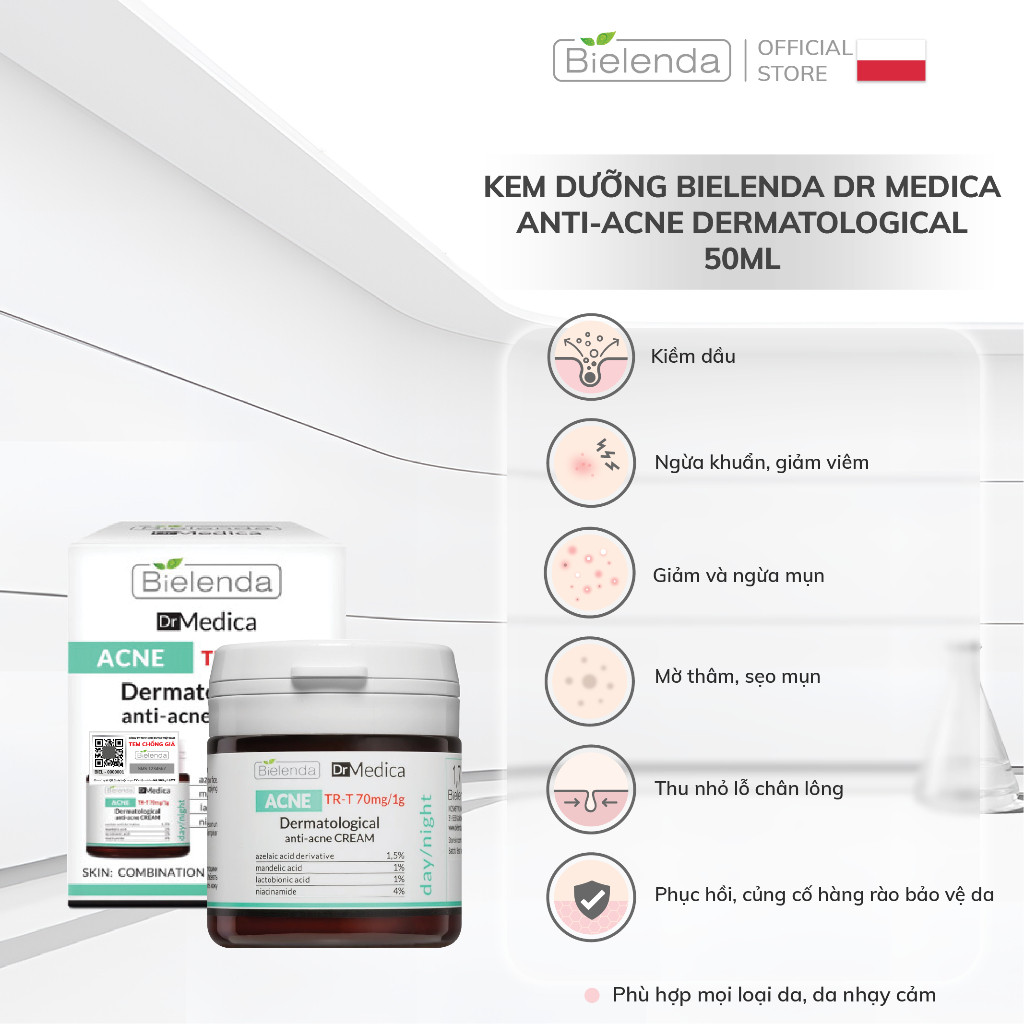 Kem dưỡng Bielenda Dr. Medica Anti-Acne Dermatological giảm mụn, mờ thâm 50ml