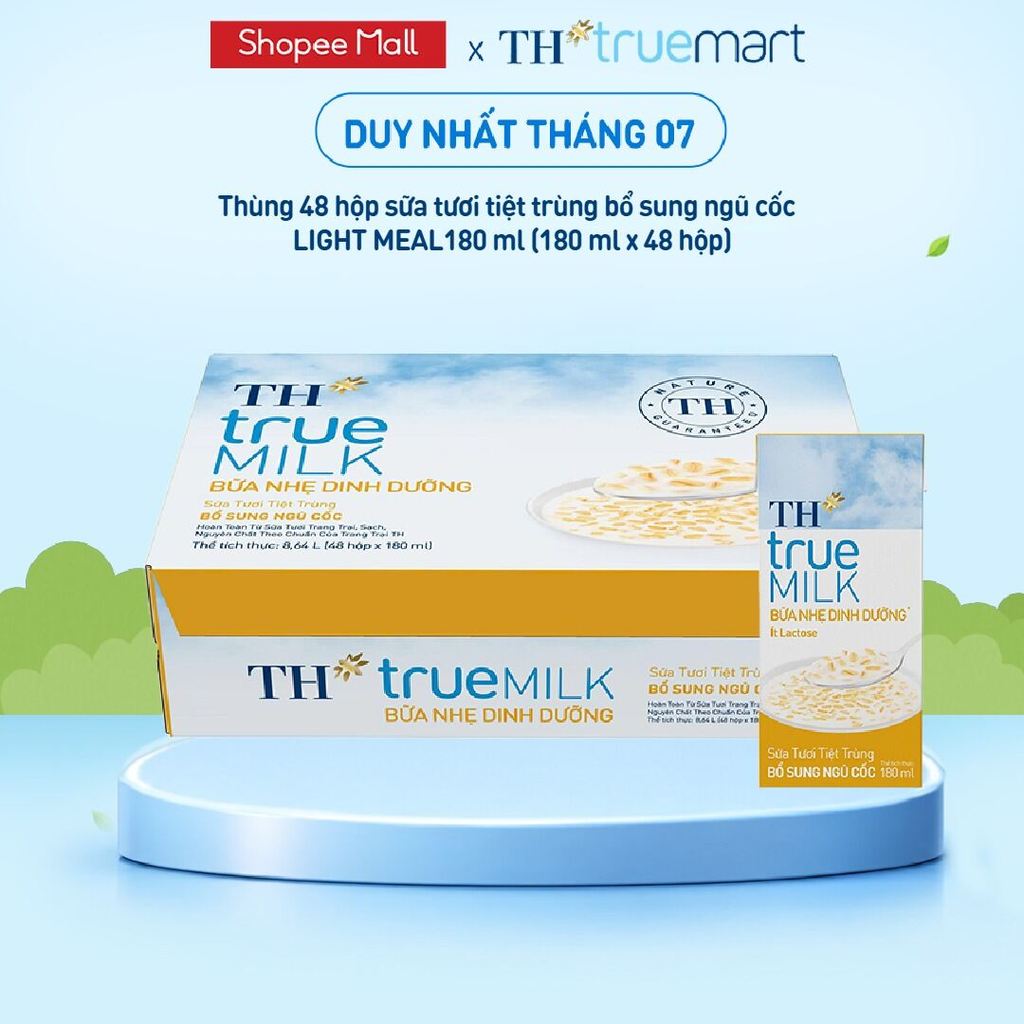 Thùng 48 hộp sữa tươi tiệt trùng TH true MILK LIGHT MEAL bổ sung ngũ cốc 180ml (48H)