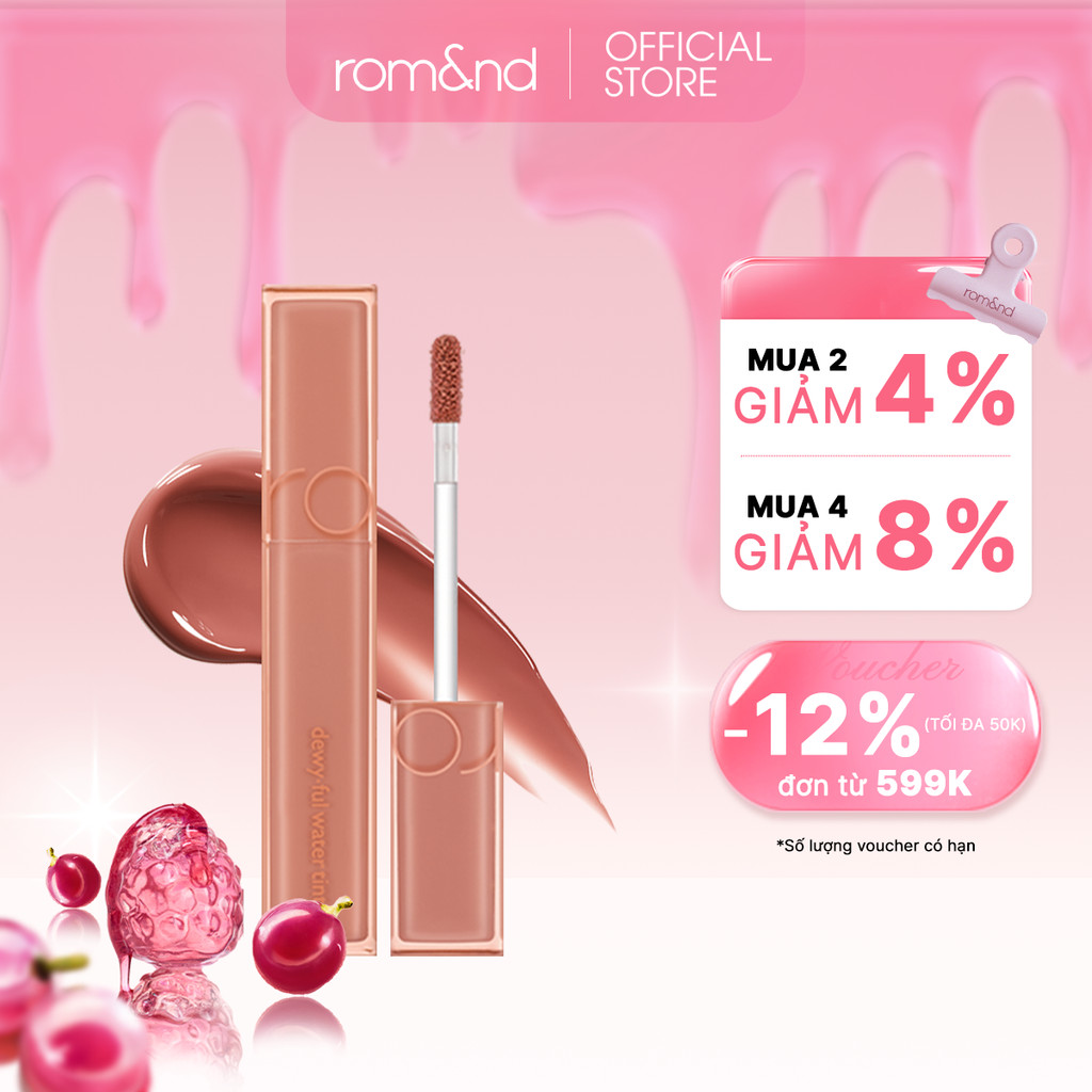 [Rom&nd] [Muteral Nude] Son tint bóng, siêu lì cho đôi môi căng mọng Hàn Quốc Romand Dewyful Water Tint 5g