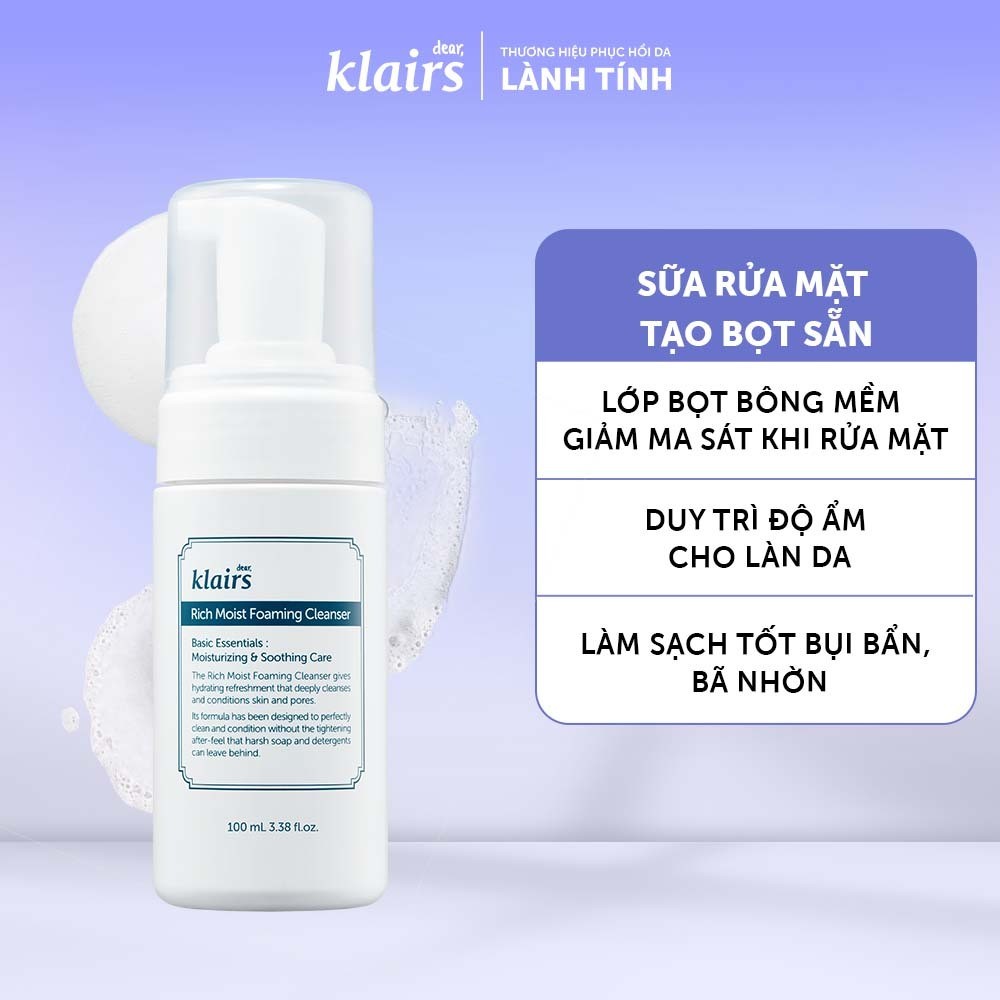Sữa rửa mặt Dear, Klairs Rich Moist Foaming Cleanser duy trì độ ẩm cho làn da 100ml [FS]