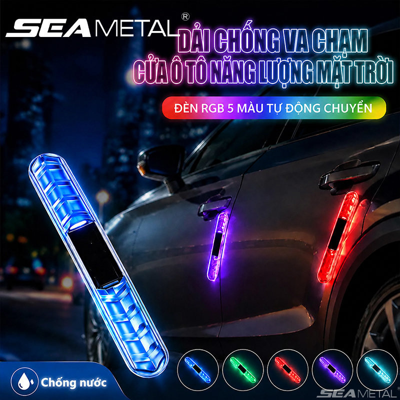 Đèn LED cảnh báo va chạm cửa xe SEAMETAL Chạy bằng năng lượng mặt trời, đổi màu RGB, chống trầy xước, chống nước, có keo dán, dùng trang trí xe máy