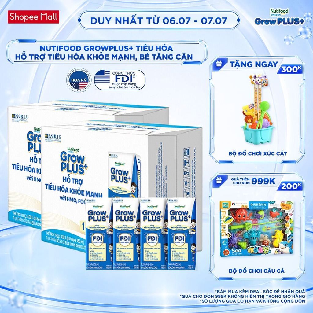 Combo 2 Sữa bột pha sẵn Nutifood Sweden GrowPLUS+ Tiêu Hóa (Xanh Nhạt) 1+ - Tiêu hóa khỏe, tăng cân (48 hộp x 180ml)