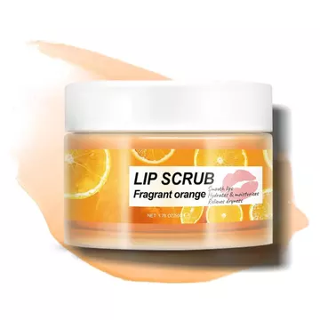 Tẩy tế bào chết hương cam, giàu dầu Jojoba PEG-8 Ester và Collagen, được sử dụng để tẩy tế bào chết và dưỡng ẩm cho môi, phục hồi sức khỏe cho môi, làm cho môi mềm mại.
