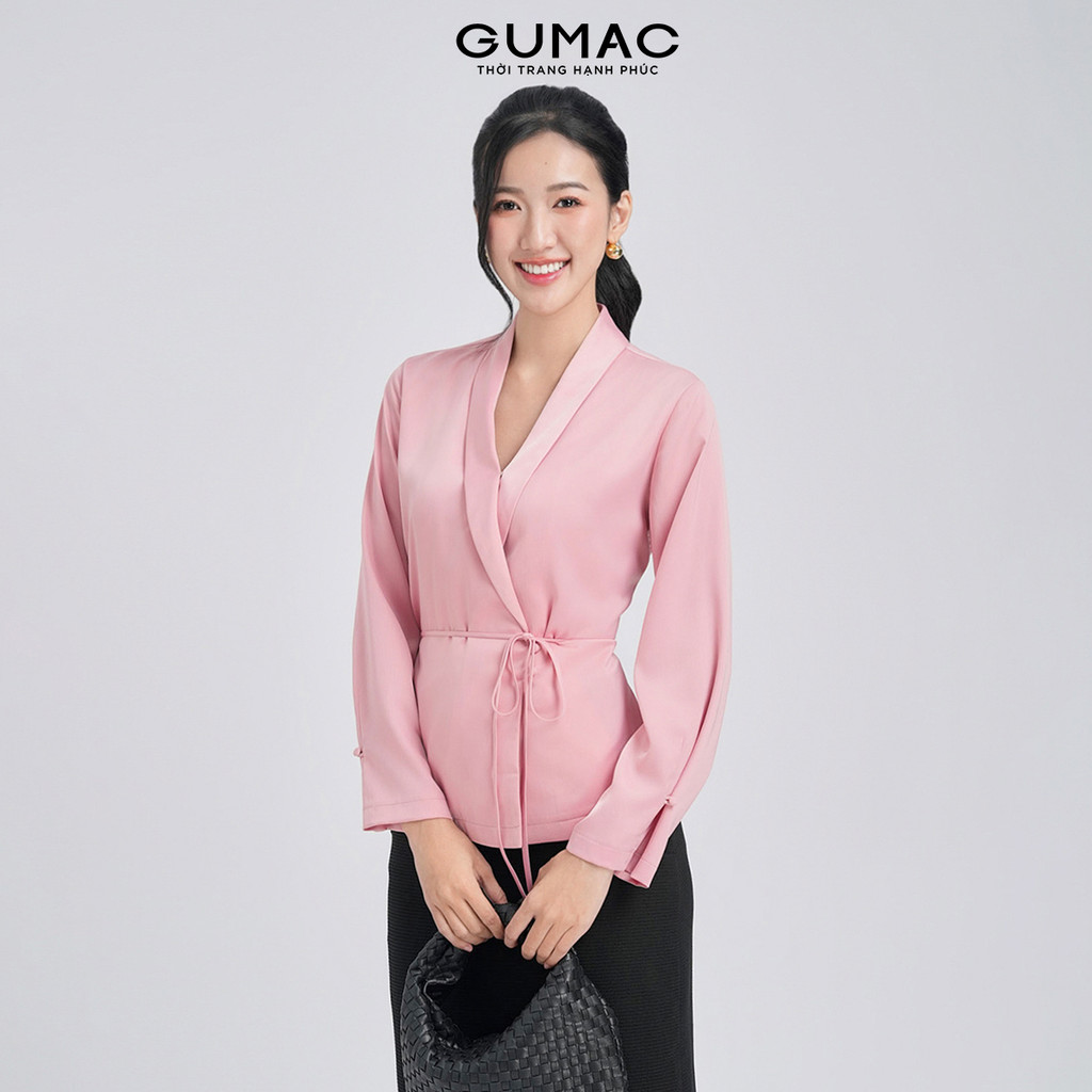 Áo Sơ Mi Nữ Tay Dài GUMAC Form Suông Cổ V Đắp Chéo Kèm Dây Thắt Eo AE07066