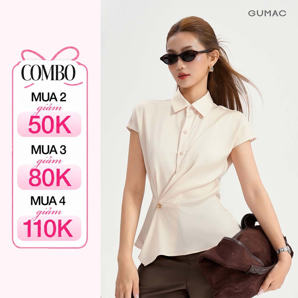Áo Sơ Mi Nữ GUMAC Tay Ngắn Có Vạt Đắp Chéo Kèm Đính Nút Kim Loại Cách Điệu LAF1104