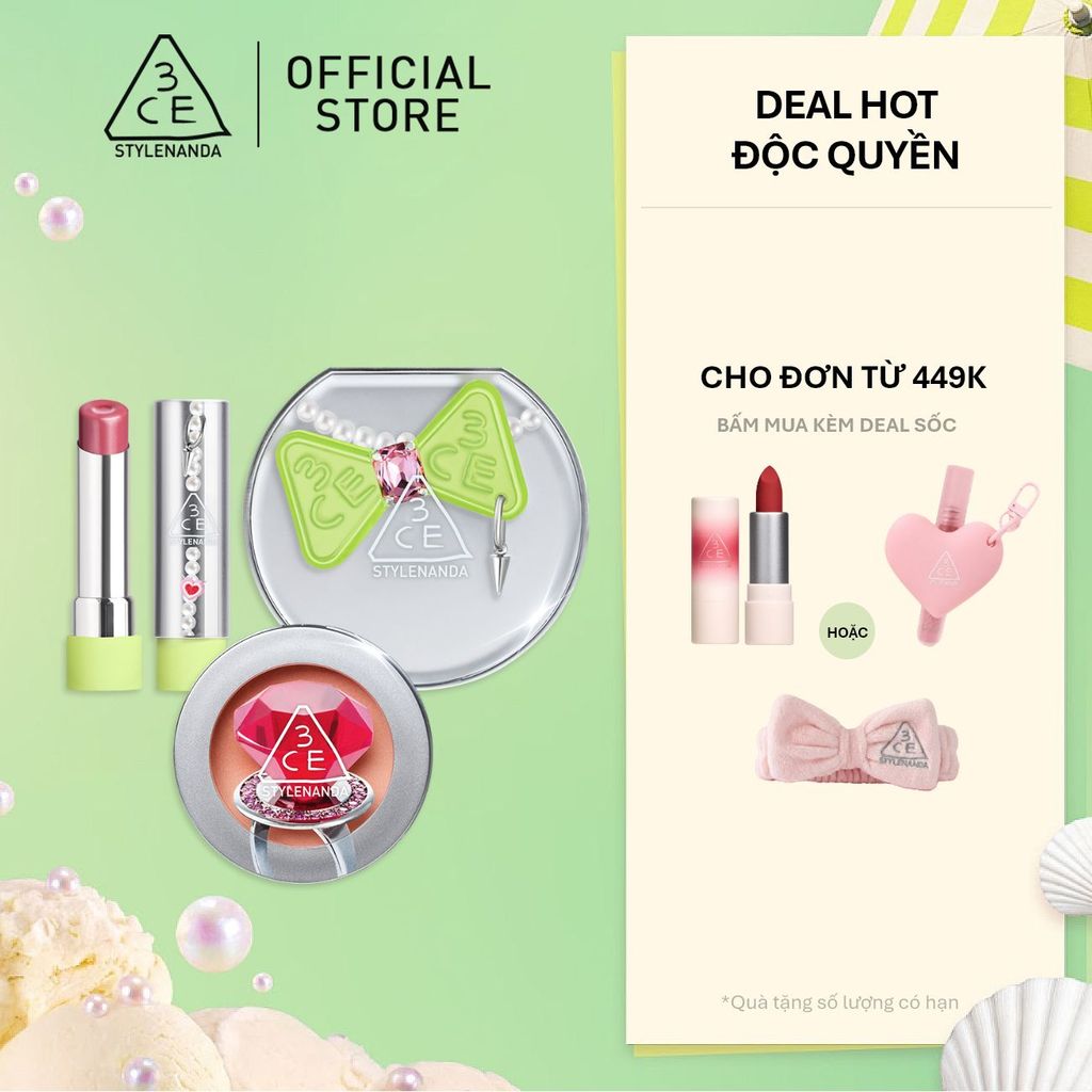 3CE BST MIKSHIMAI - PHẤN NƯỚC FITTING MESH CUSHION, SON BÓNG GLAZY LIP GLOW, MÁ HỒNG FACE BLUSH
