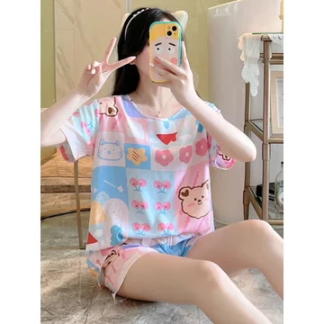 đồ ngủ nữ pyjama đồ ngủ nữ cute Đồ ngủ vải cotton ngắn tay bộ đồ mặc ở nhà học sinh vải cotton nhân tạo mẫu mới mùa hè cho nữ bộ đồ ngủ vải cotton mẫu hè cho nữ