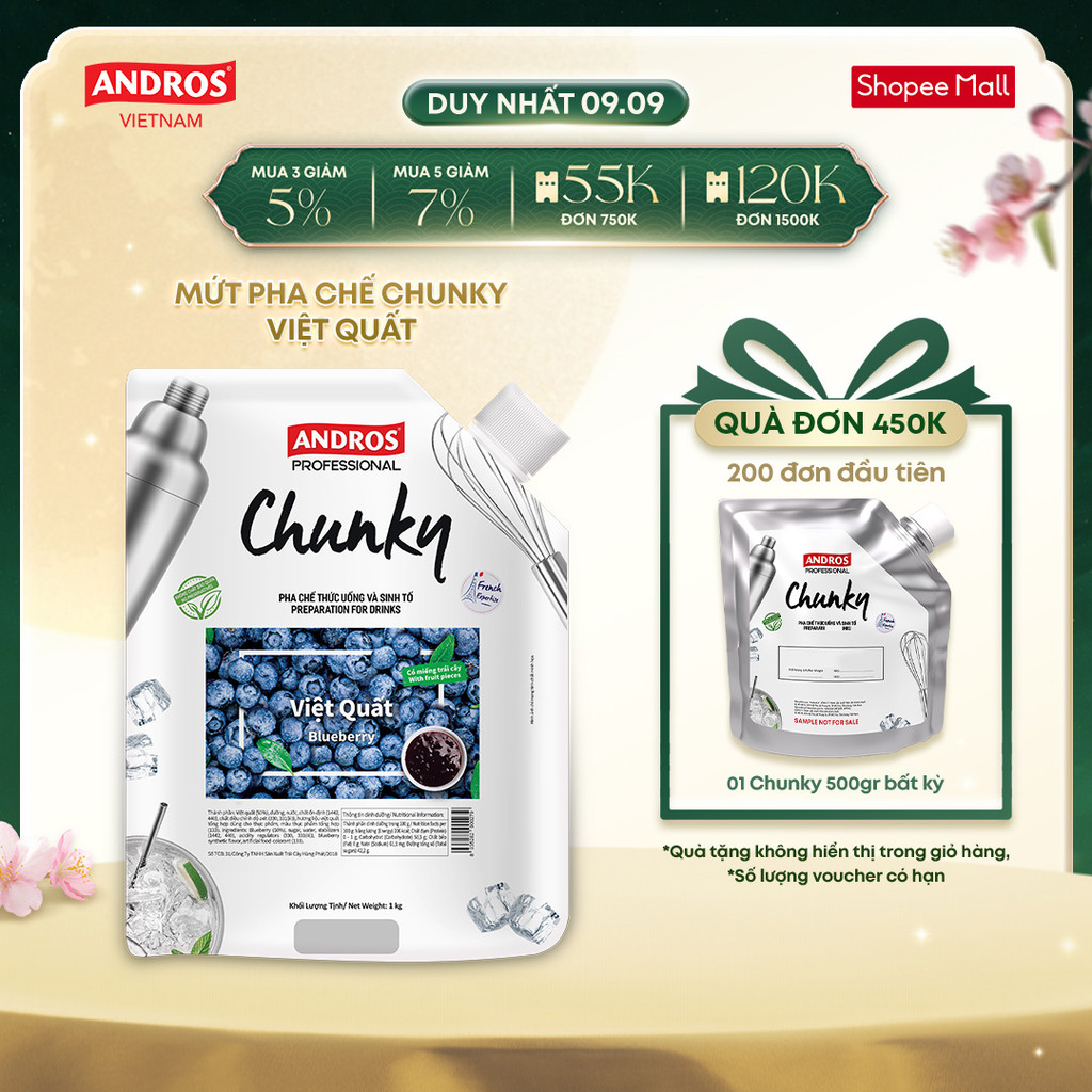 Mứt Trái Cây Pha Chế Việt Quất – Có miếng trái cây thật – Nguyên liệu pha chế – ANDROS CHUNKY – 1kg