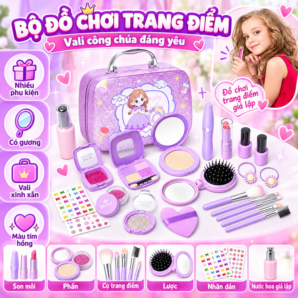 Bộ Đồ Chơi Trang Điểm Công Chúa Cho Bé Gái, Set Mỹ Phẩm Mô Phỏng, Phụ Kiện Làm Đẹp, Quà Sinh Nhật Cho Bé