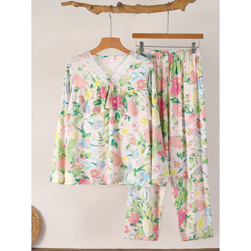 set thu đông nữ bộ đồ ngủ nữ dài tay Bộ đồ ngủ lụa cotton năm 2026 cho nữ, mẫu mỏng mùa hè, dài tay dài quần, bộ đồ mặc nhà cỡ lớn cho nữ xuân hè