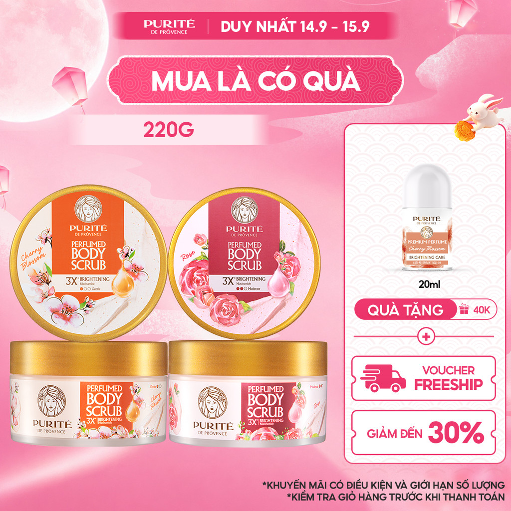 Tẩy Tế Bào Da Chết Dưỡng Sáng PURITÉ Hương Nước Hoa Hoa Anh Đào/ Hoa Hồng 220G