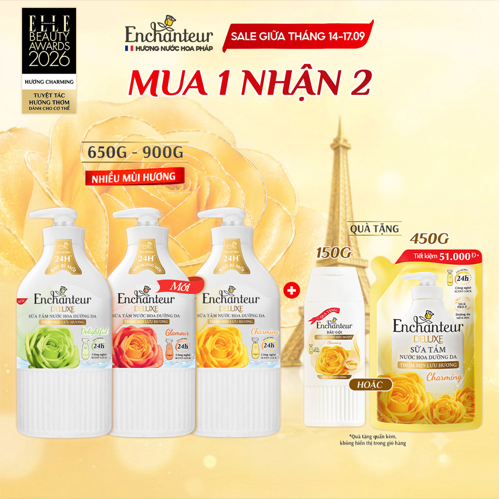 [TẶNG Túi 200G/ 450G] Sữa tắm hương nước hoa Pháp Enchanteur Deluxe 650g / 900g (Tặng mùi ngẫu nhiên)