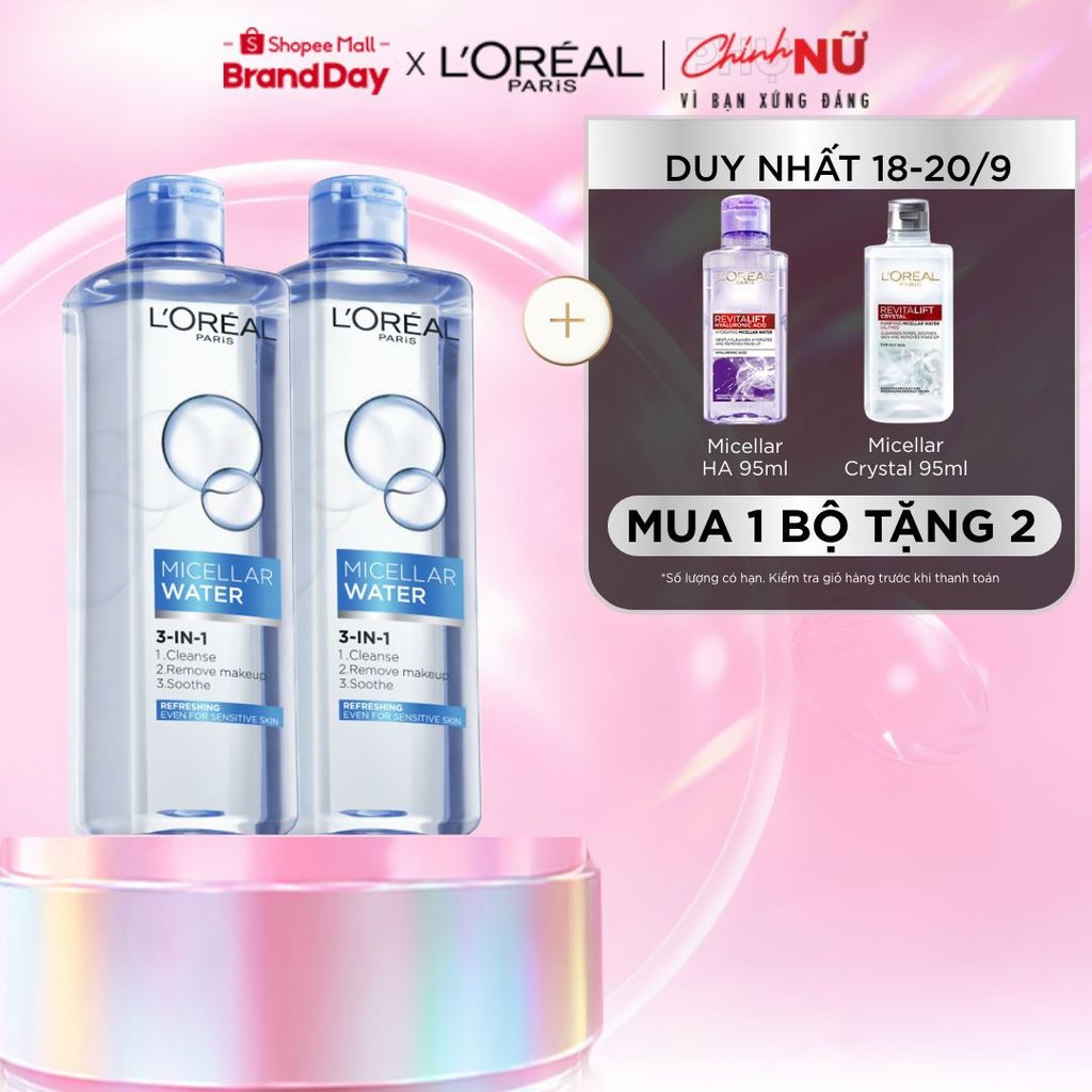 Bộ 2 nước tẩy trang đa năng 3in1 tươi mát L'Oreal Paris (xanh dương nhạt) 400ml