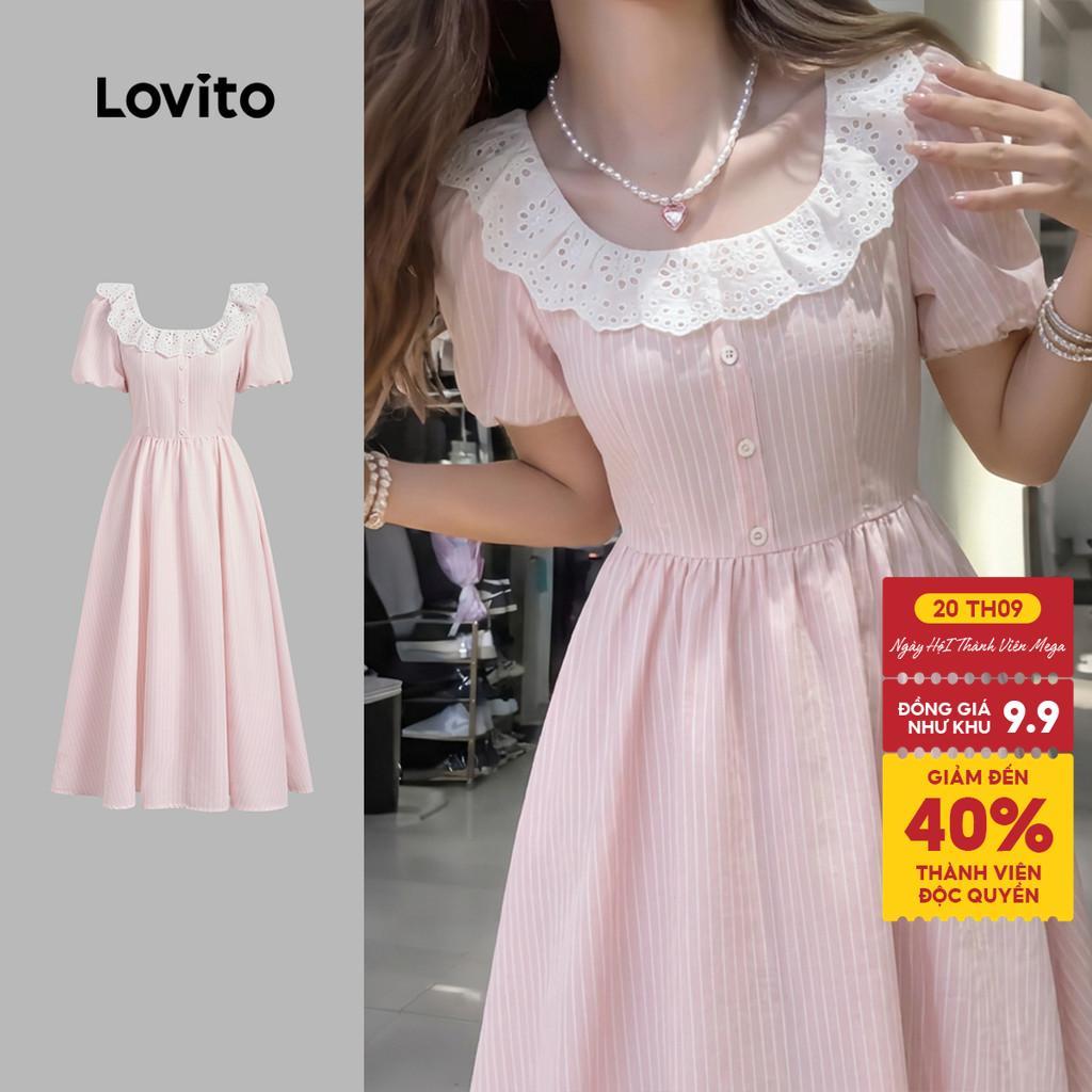 Lovito Đầm dễ thương cổ bèo cài nút màu hồng xuân/hè cho nữ DRK8TD150