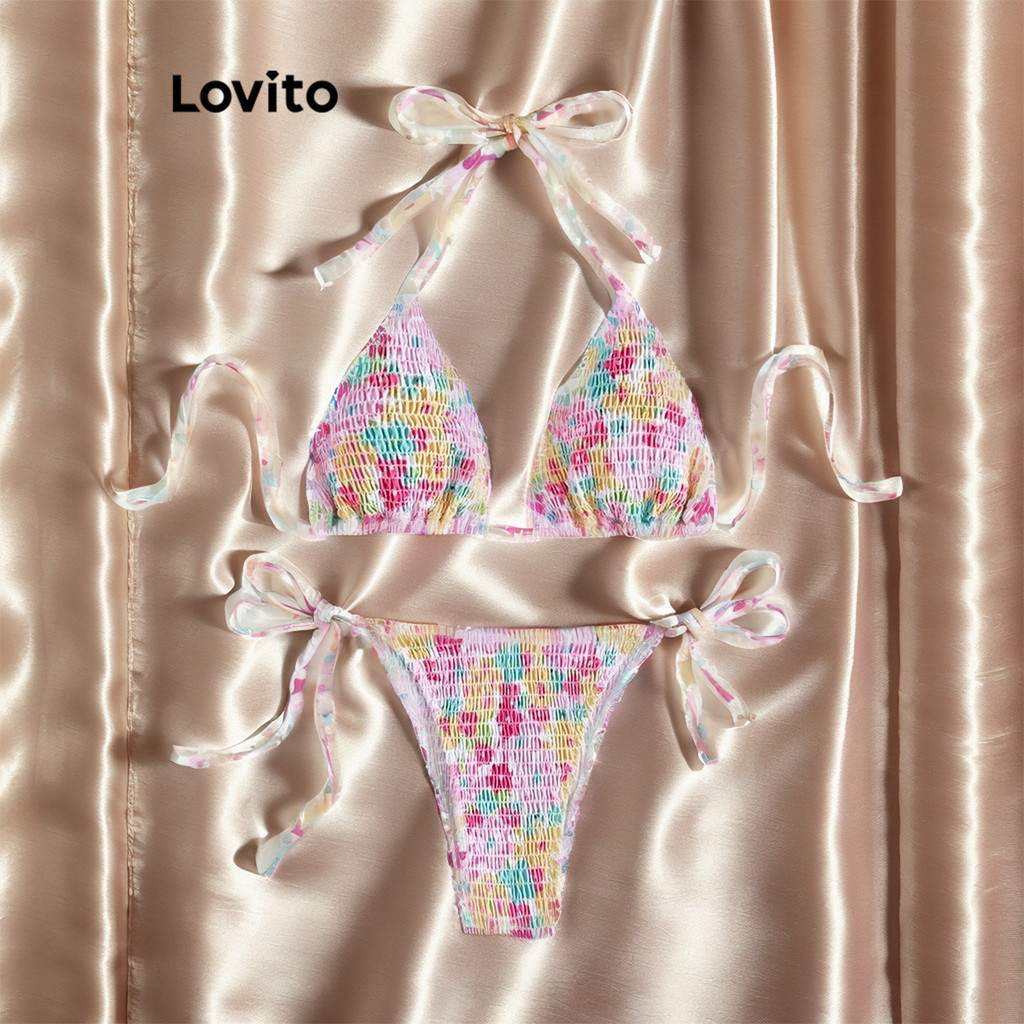 Lovito Kỳ nghỉ Bộ Bikini Bộ Bikini buộc dây hoa bẩn cho nữ LNL43036