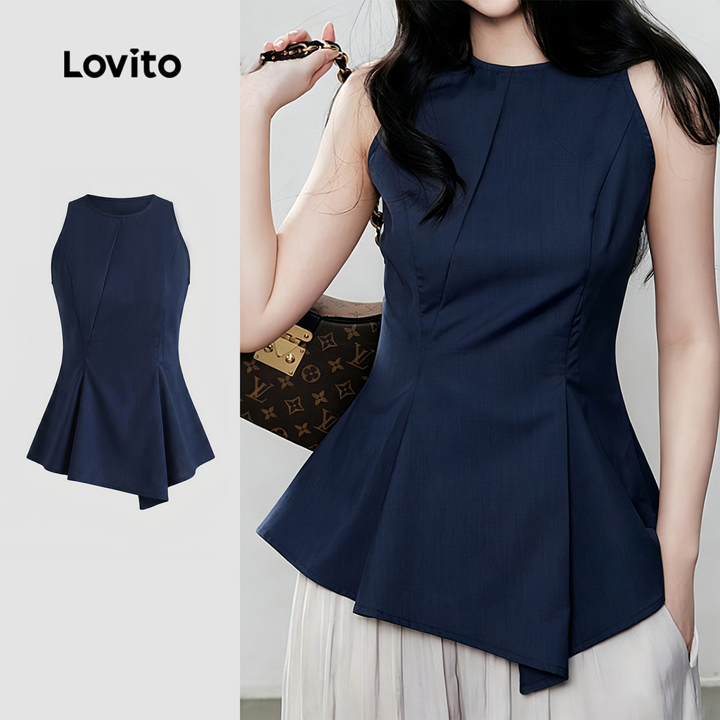 Lovito Áo top nữ màu xanh navy thiết kế bất đối xứng sang trọng cảm giác mùa xuân/hè TKK8TD240